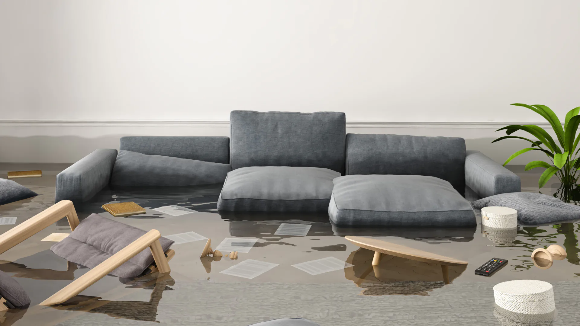 flooded living room before water damage restoration goldsboro nc